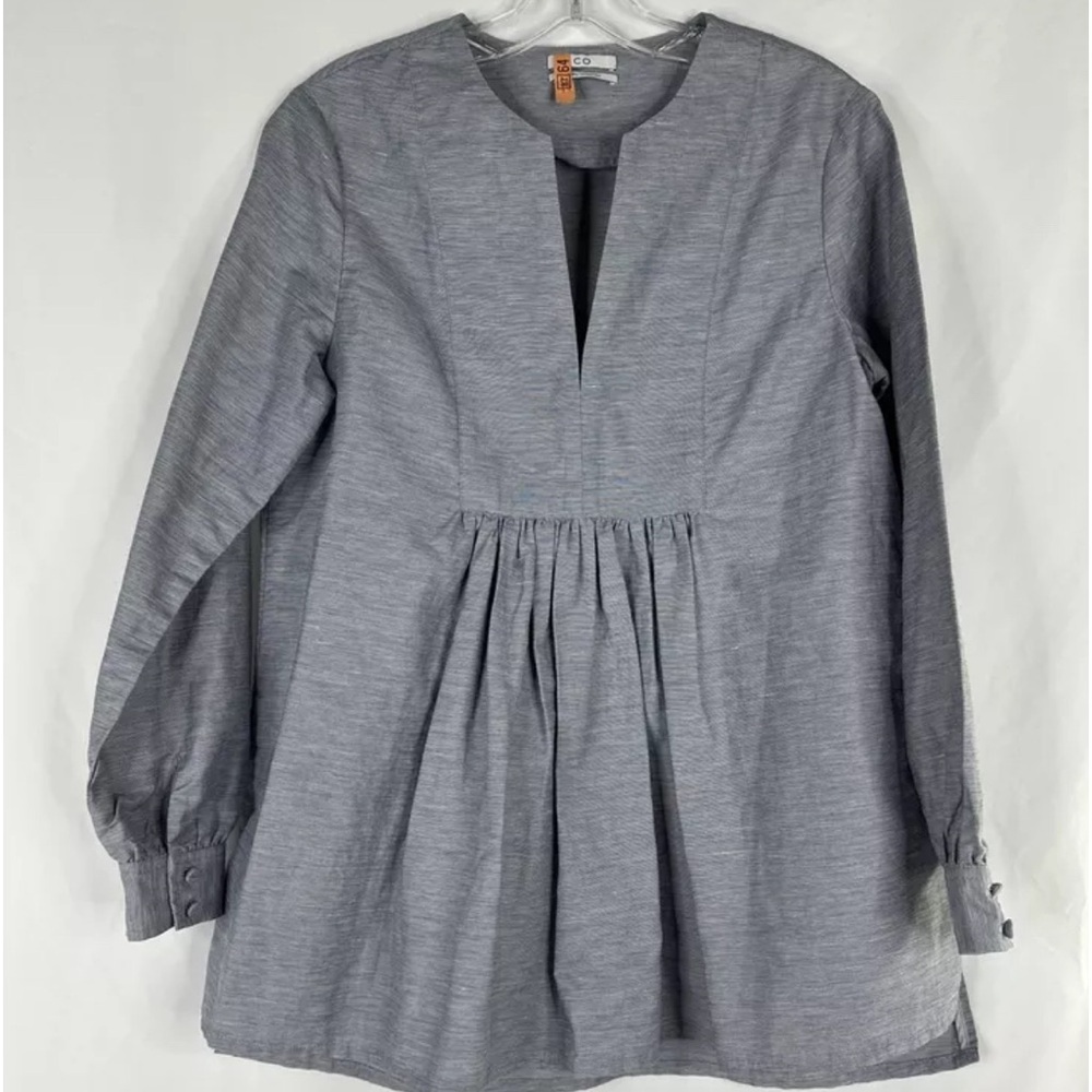 CO Collection Tunic Top Womens Size XS Blue Cotton Linen Long Sleeve Peasant
